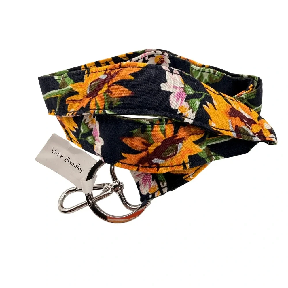 Vera Bradley Wide Lanyard Sunflower Floral Navy ID Holder Keychain